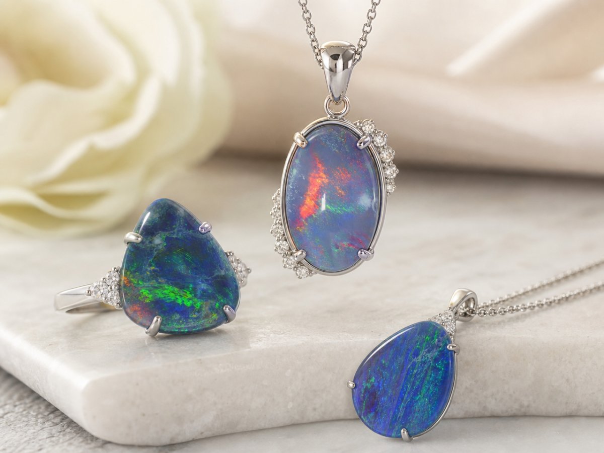 Opal Triplet gemstones shown in jewelry