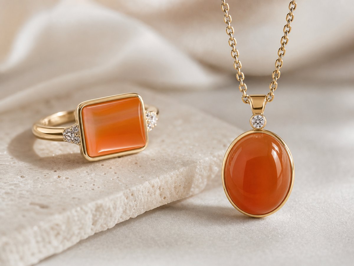 Orange Agate gemstones shown in jewelry