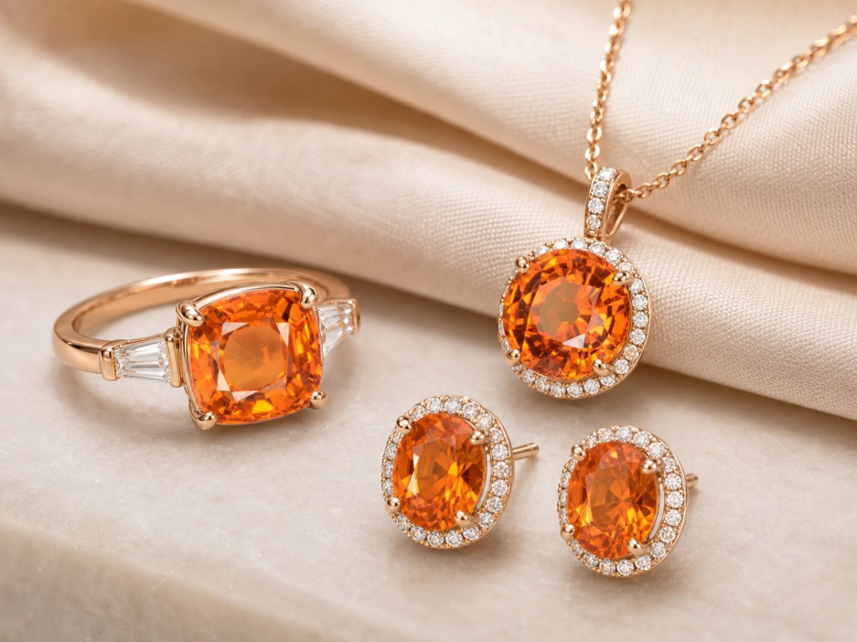 Orange Sapphire gemstones shown in jewelry
