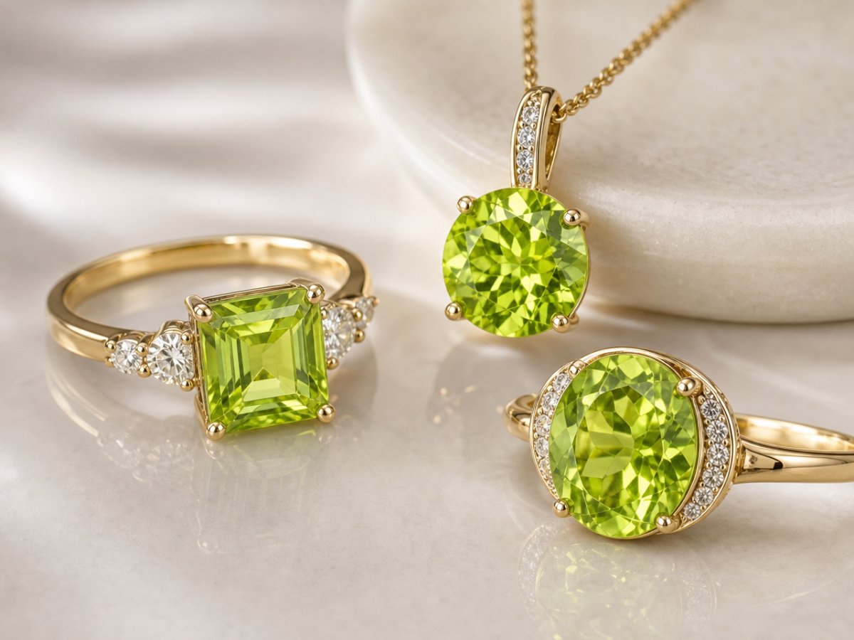 Peridot gemstones shown in jewelry