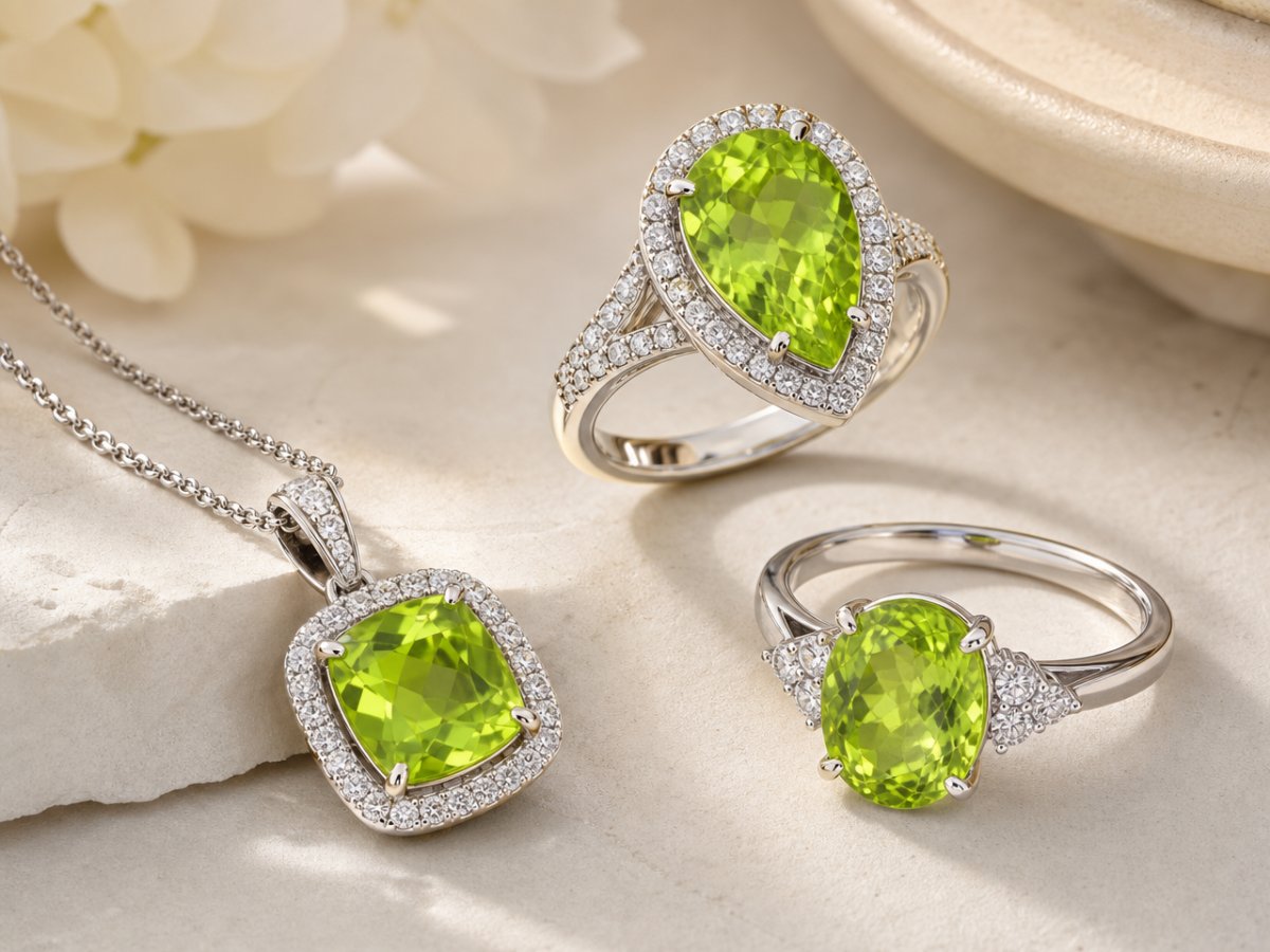 Peridot gemstones shown in jewelry