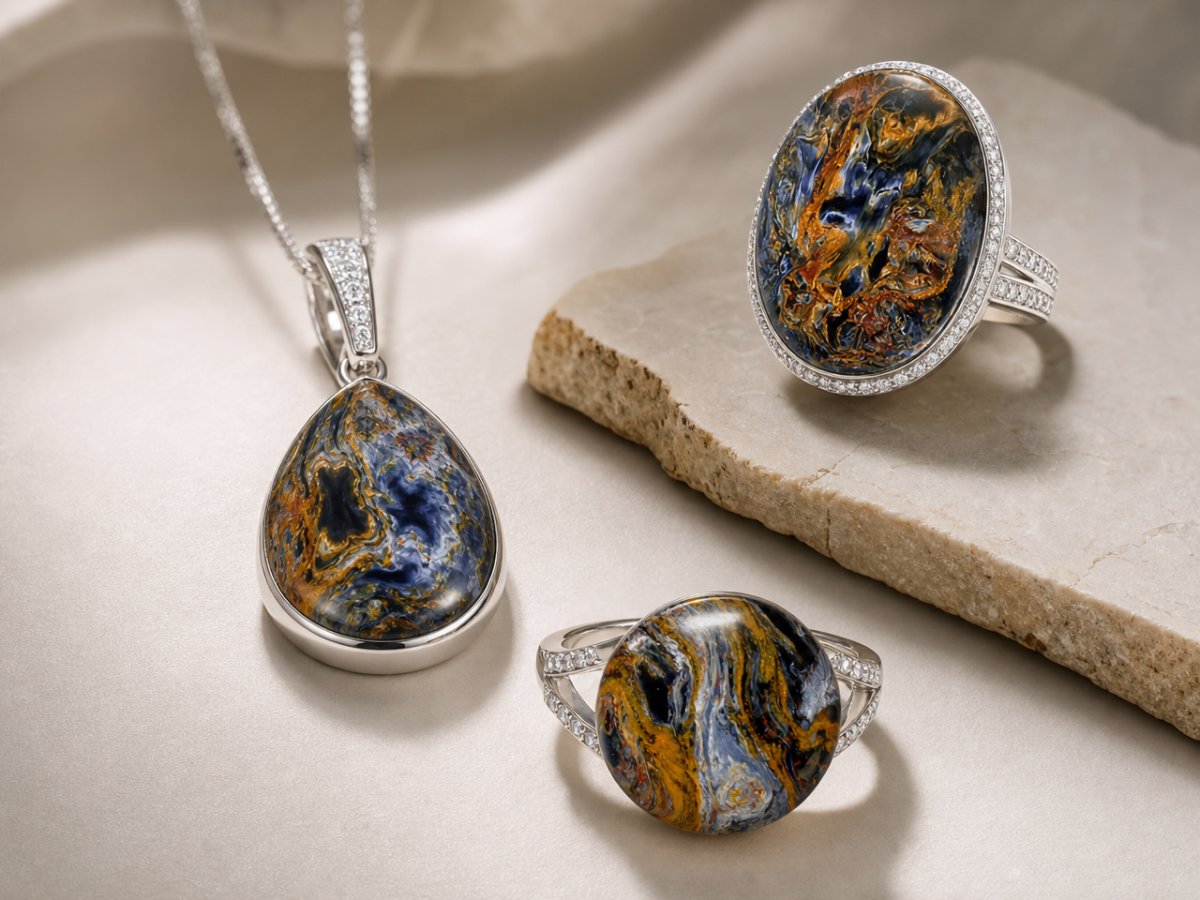 Pietersite gemstones shown in jewelry