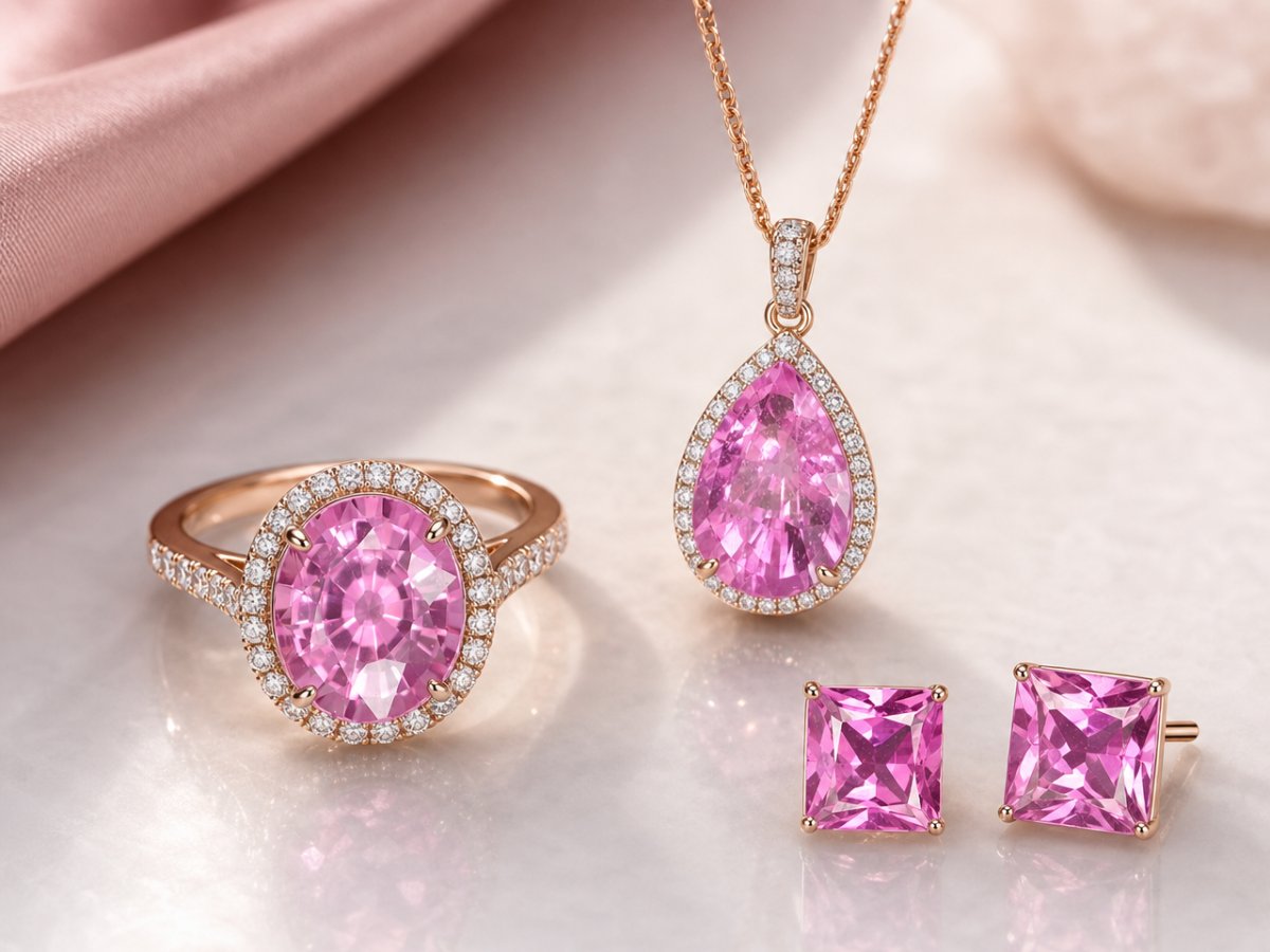 Pink Sapphire gemstones shown in jewelry