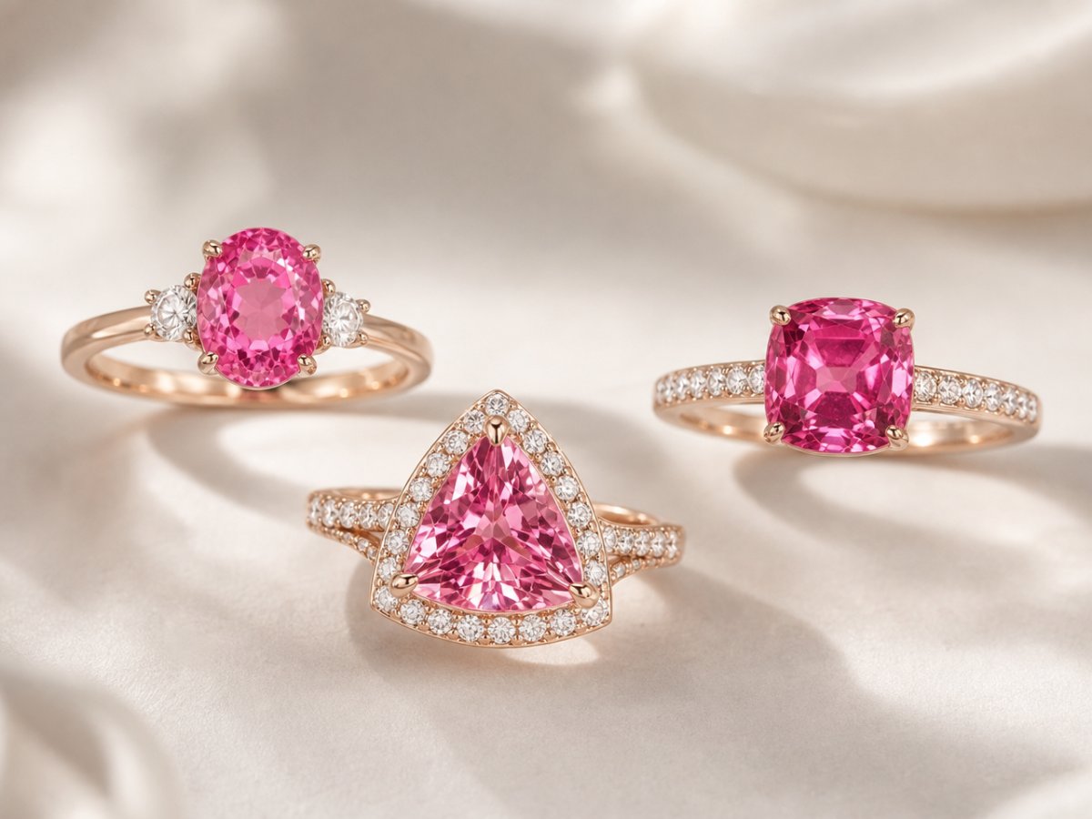 Pink Spinel gemstones shown in jewelry