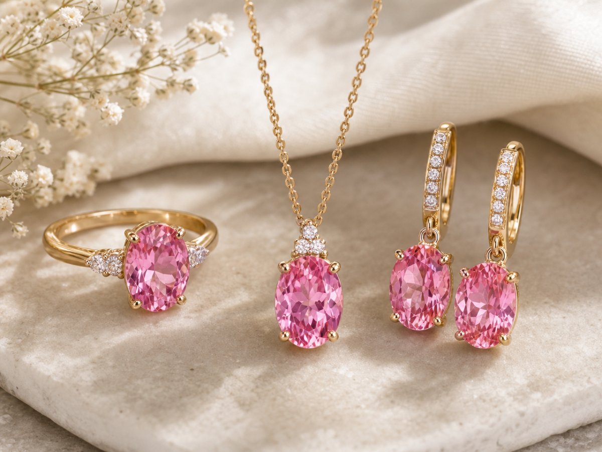 Pink Topaz gemstones shown in jewelry