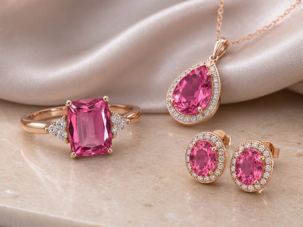 Pink Tourmaline gemstones shown in jewelry