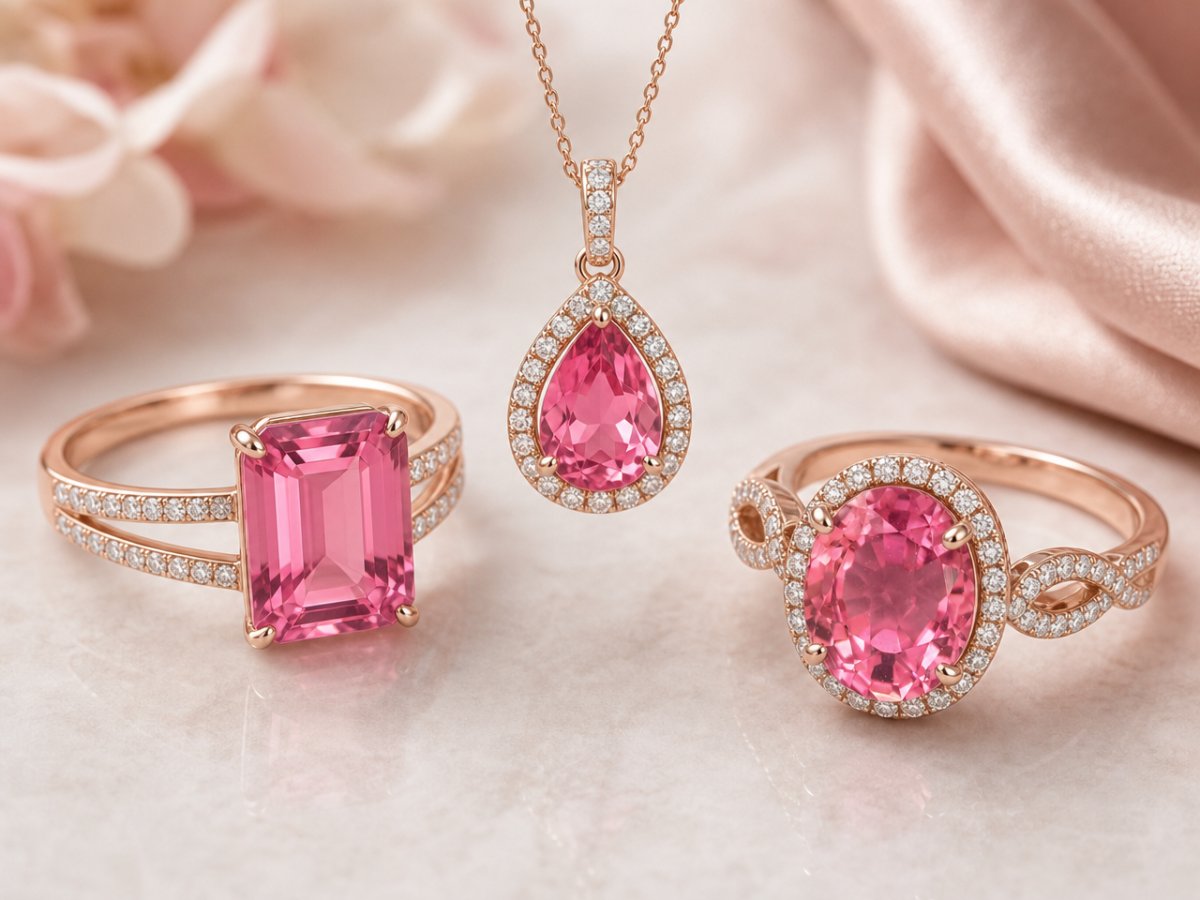 Pink Tourmaline gemstones shown in jewelry