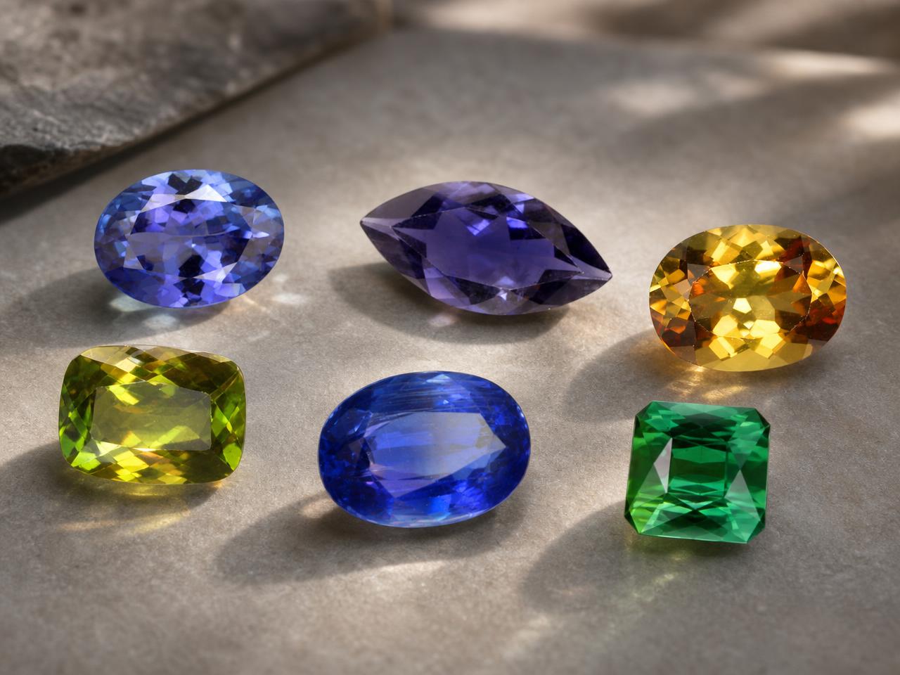 Loose pleochroic gemstones showing angle-dependent colors