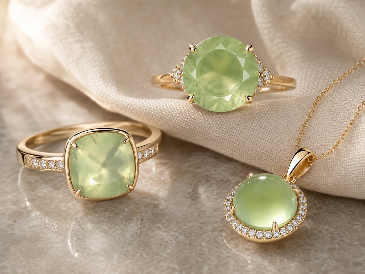 Prehnite gemstones shown in jewelry
