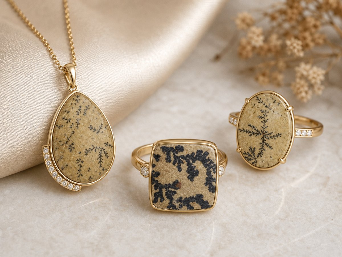 Psilomelane Dendrite gemstones shown in jewelry