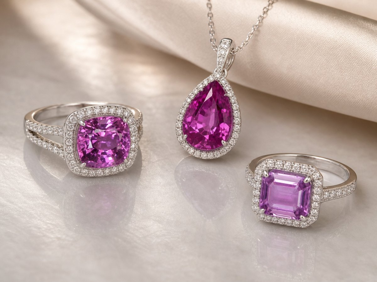 Purple Sapphire gemstones shown in jewelry