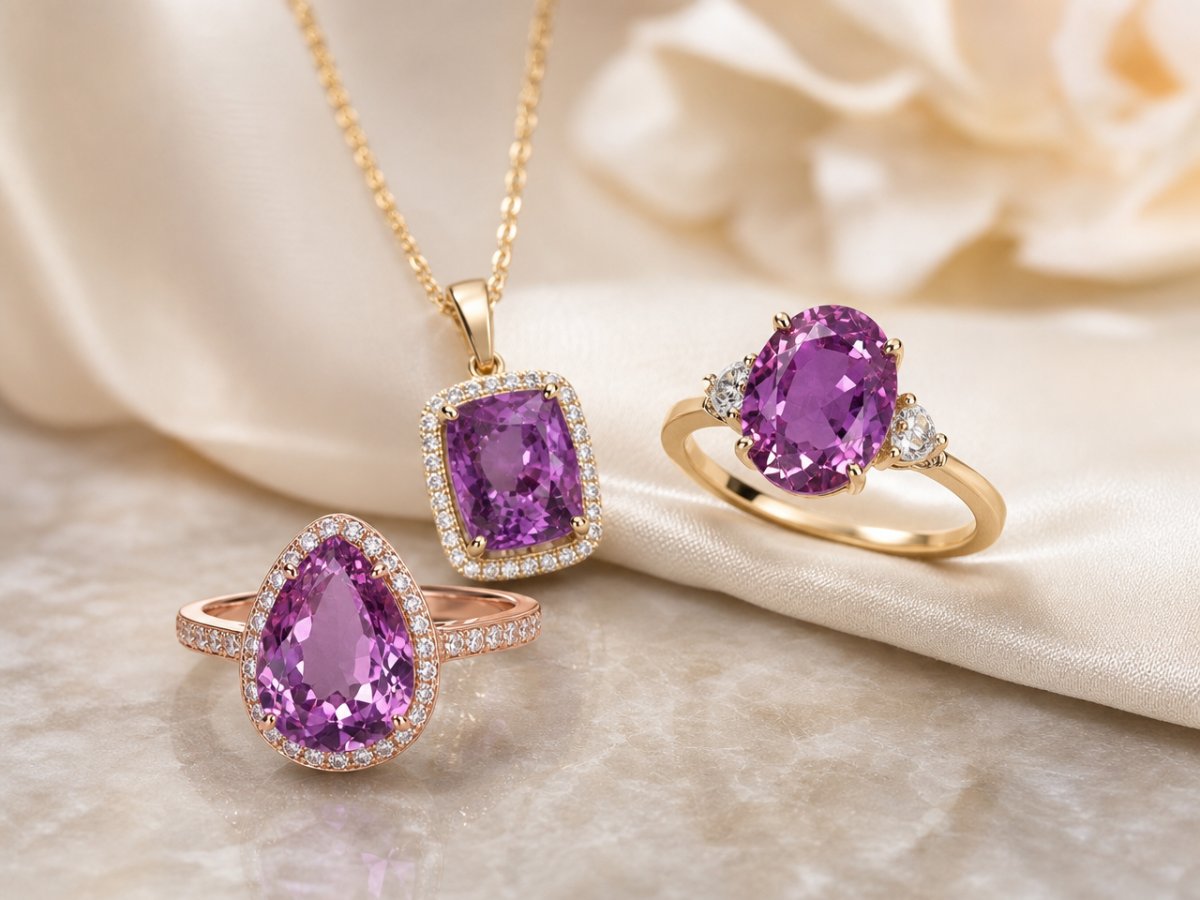 Purple Sapphire gemstones shown in jewelry