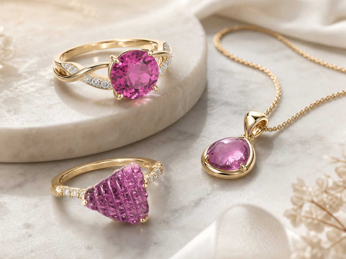 Purple Tourmaline gemstones shown in jewelry