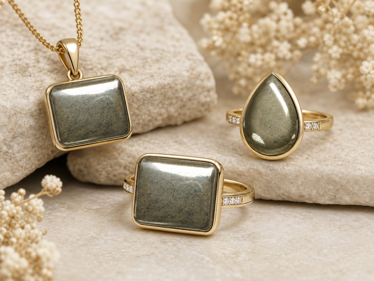 Pyrite gemstones shown in jewelry