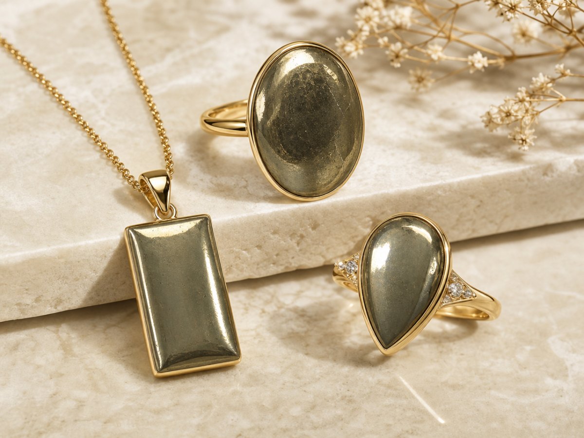 Pyrite gemstones shown in jewelry
