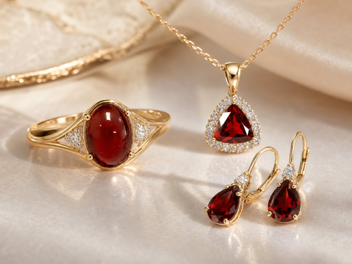 Pyrope Garnet gemstones shown in jewelry