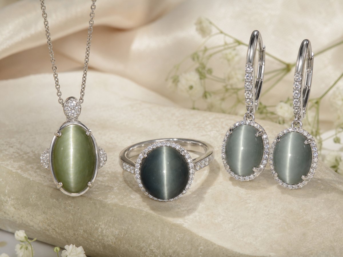 Quartz Cat's Eye gemstones shown in jewelry