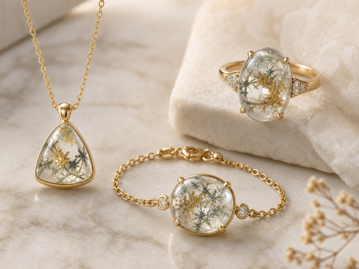 Quartz With Hedenbergite gemstones shown in jewelry