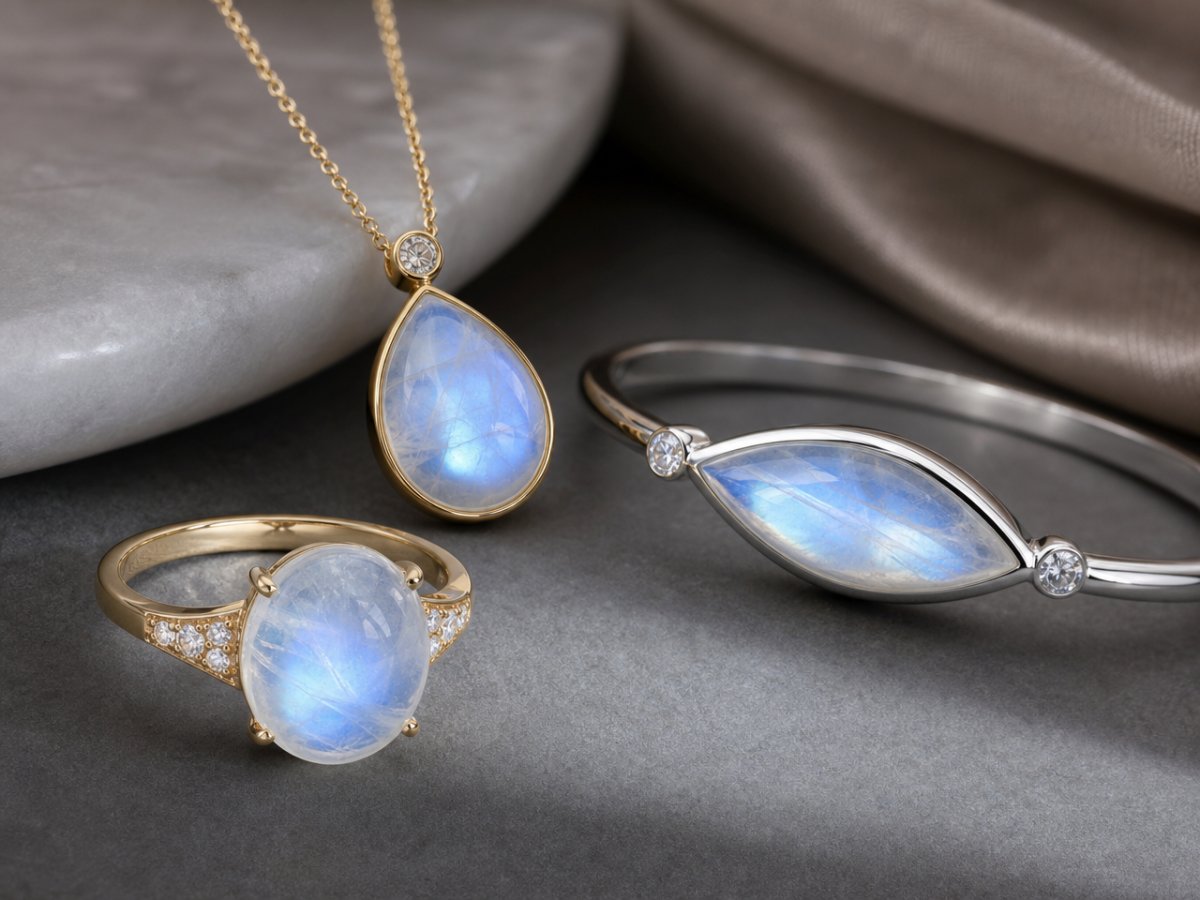Rainbow Moonstone gemstones shown in jewelry