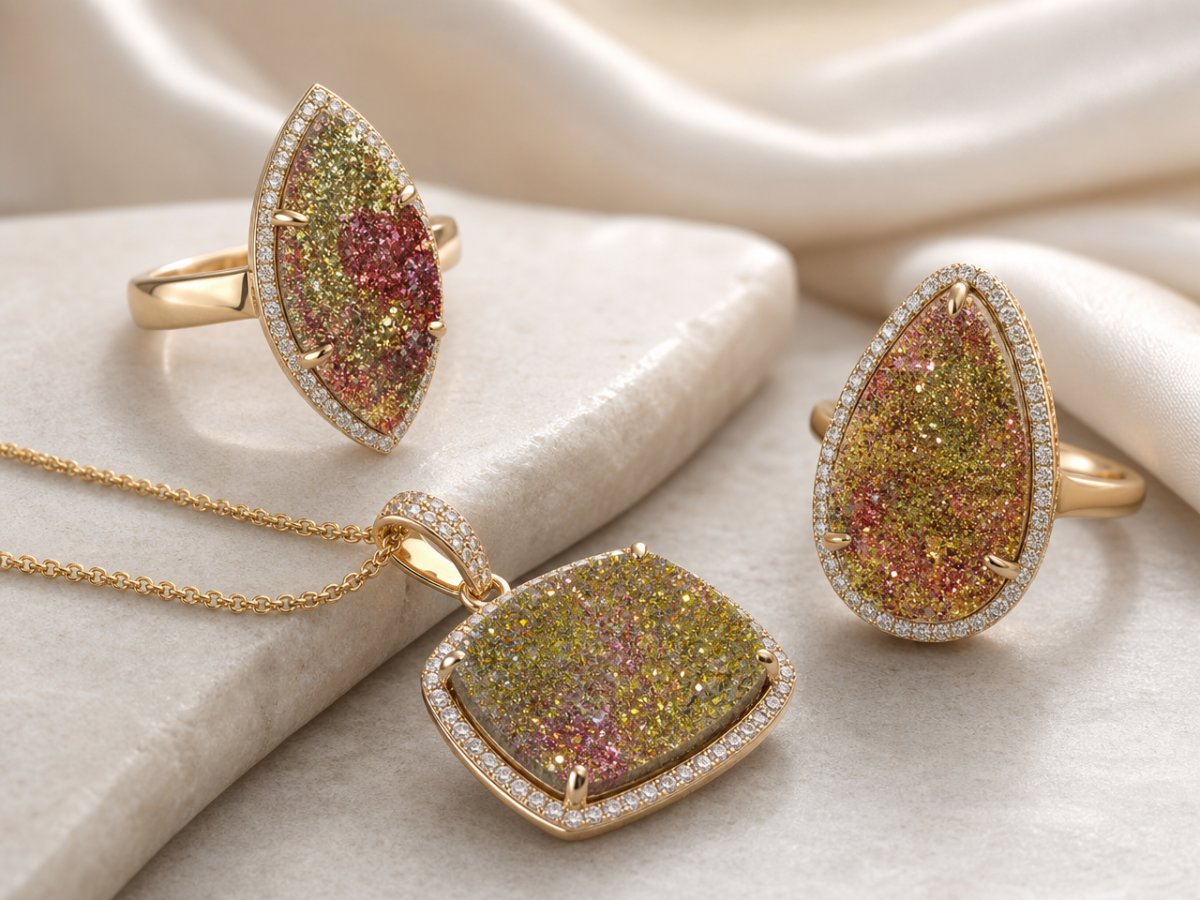 Rainbow Pyrite gemstones shown in jewelry