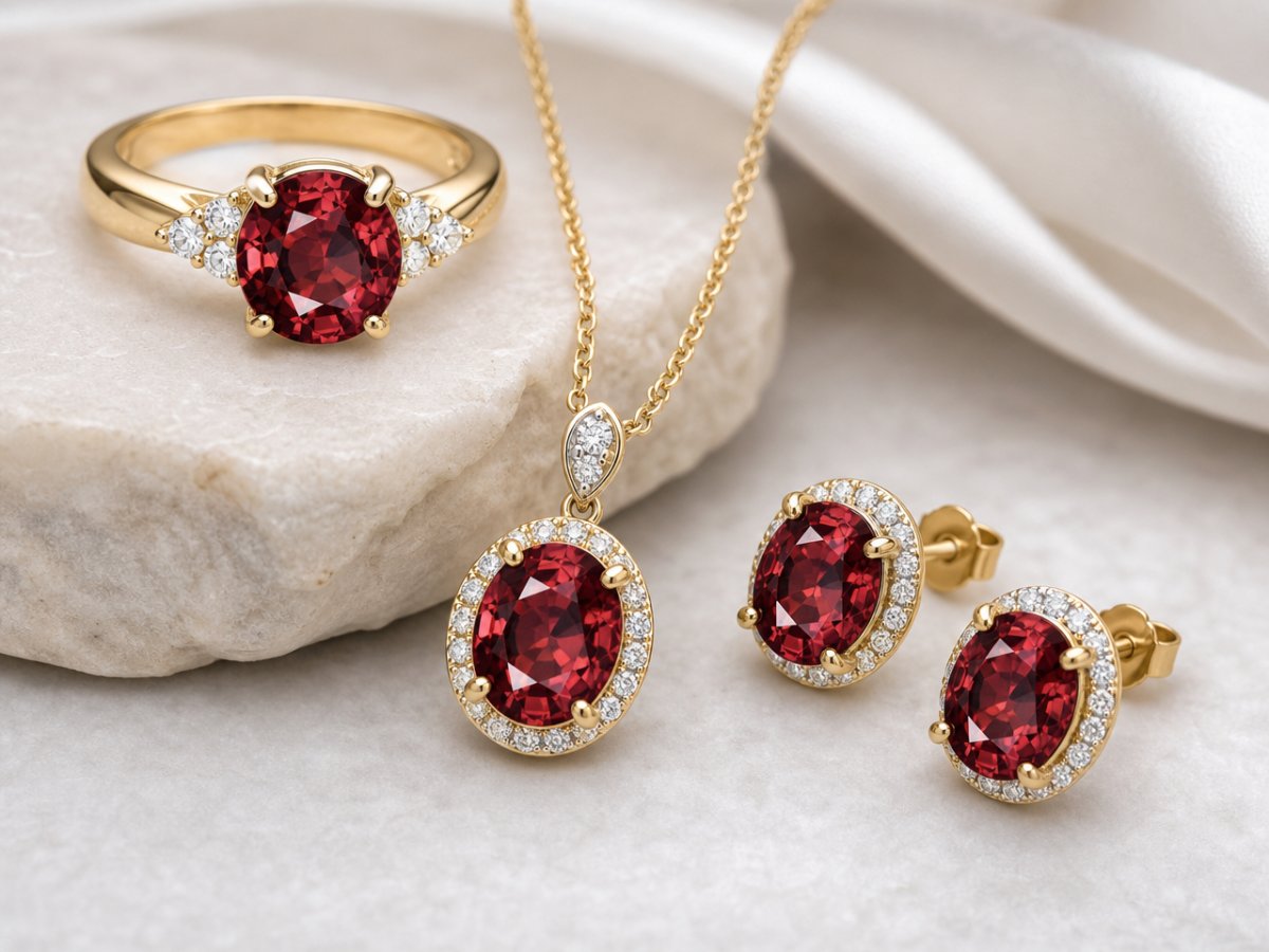 Red Zircon gemstones shown in jewelry