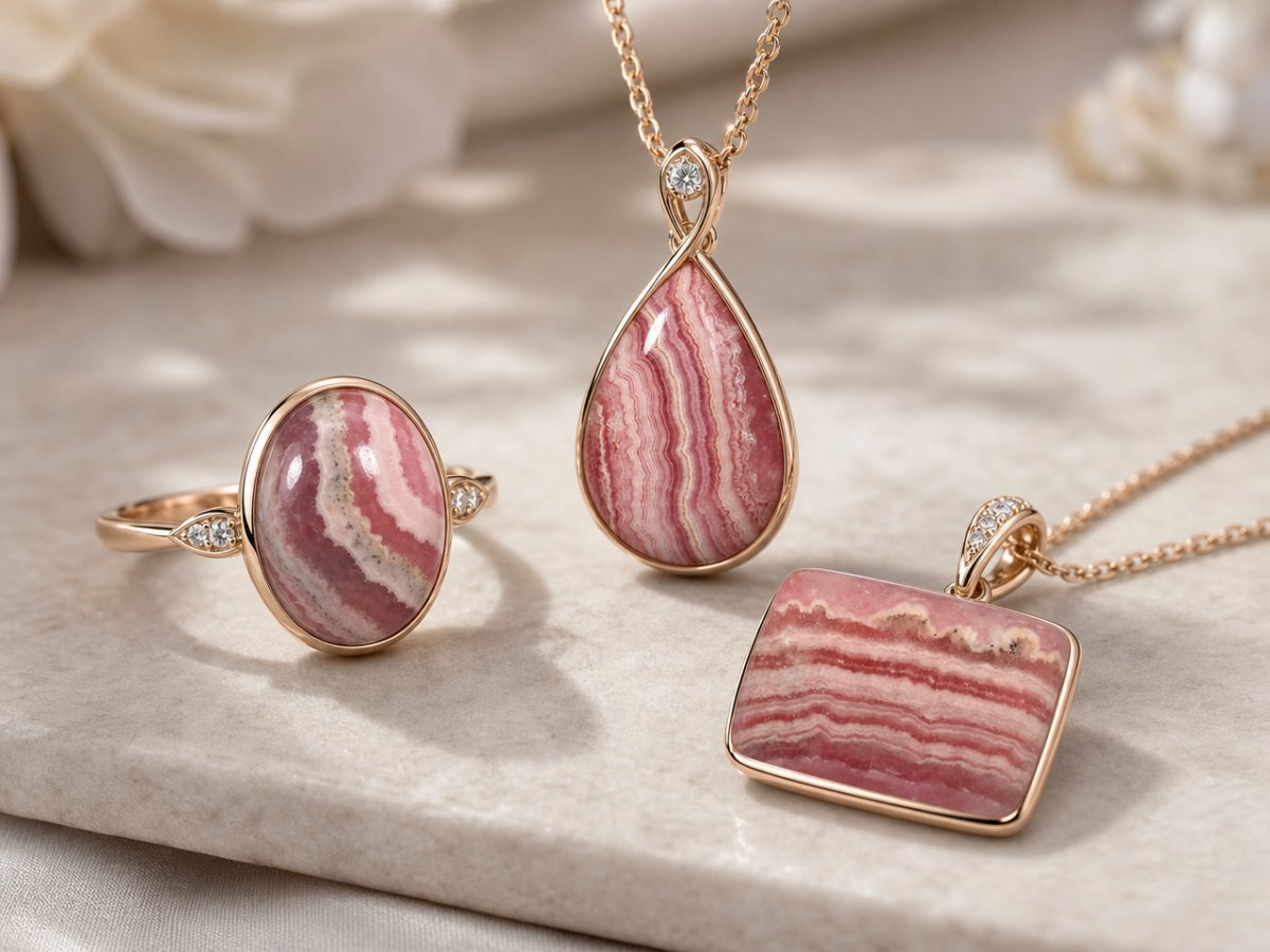 Rhodochrosite gemstones shown in jewelry