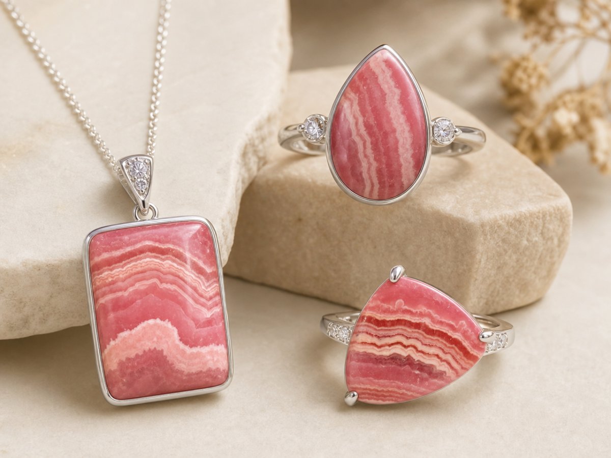 Rhodochrosite gemstones shown in jewelry