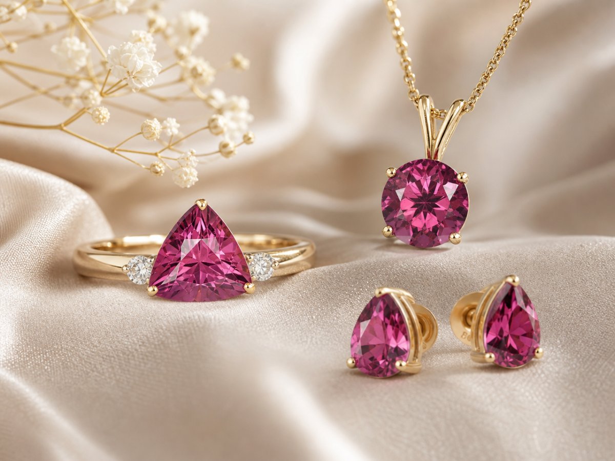 Gemas de granate rodolita mostradas en joyería