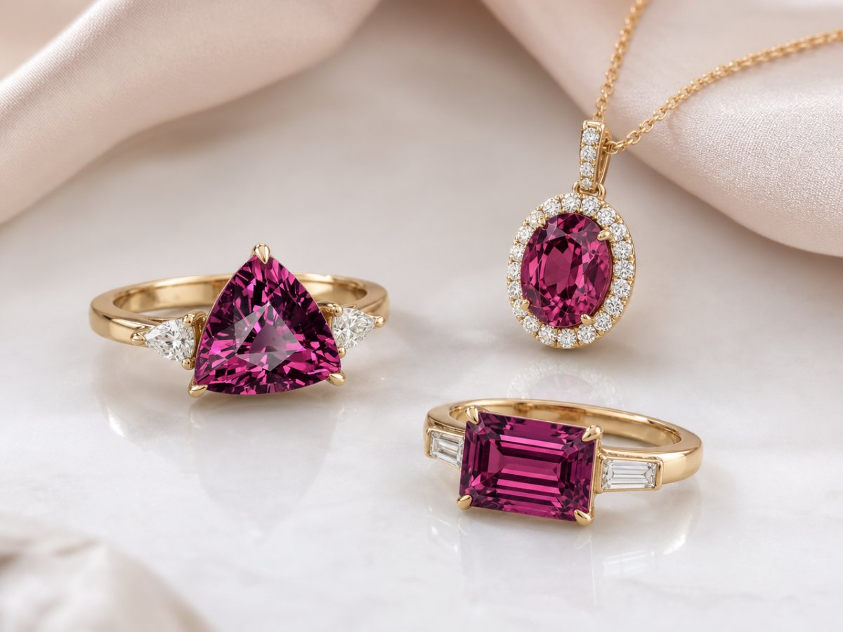 Rhodolite Garnet gemstones shown in jewelry