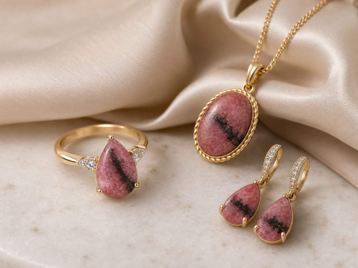 Rhodonite gemstones shown in jewelry