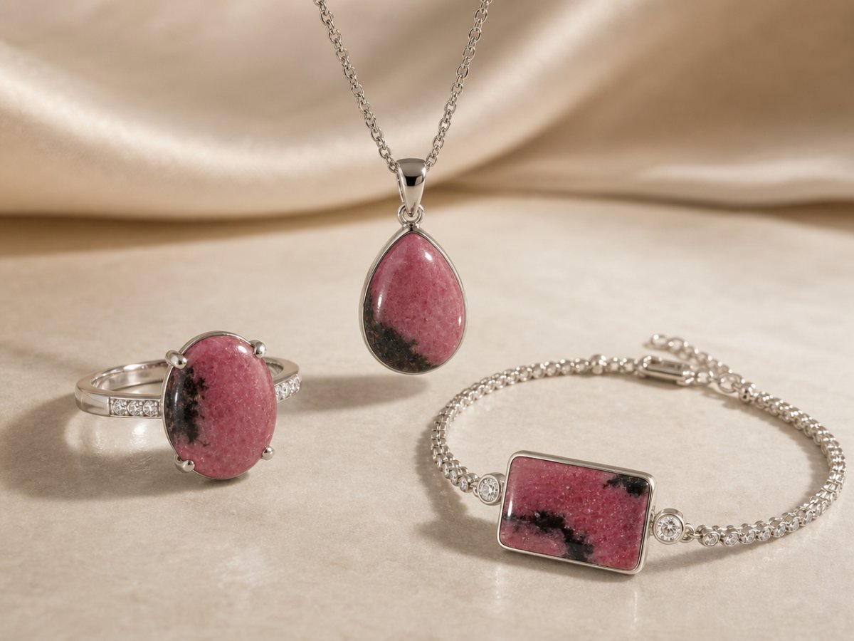Rhodonite gemstones shown in jewelry