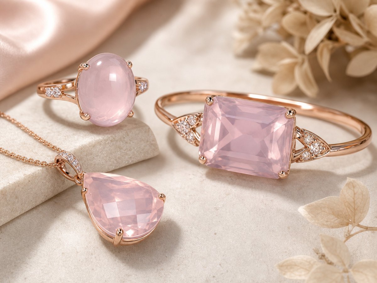Rose Quartz gemstones shown in jewelry