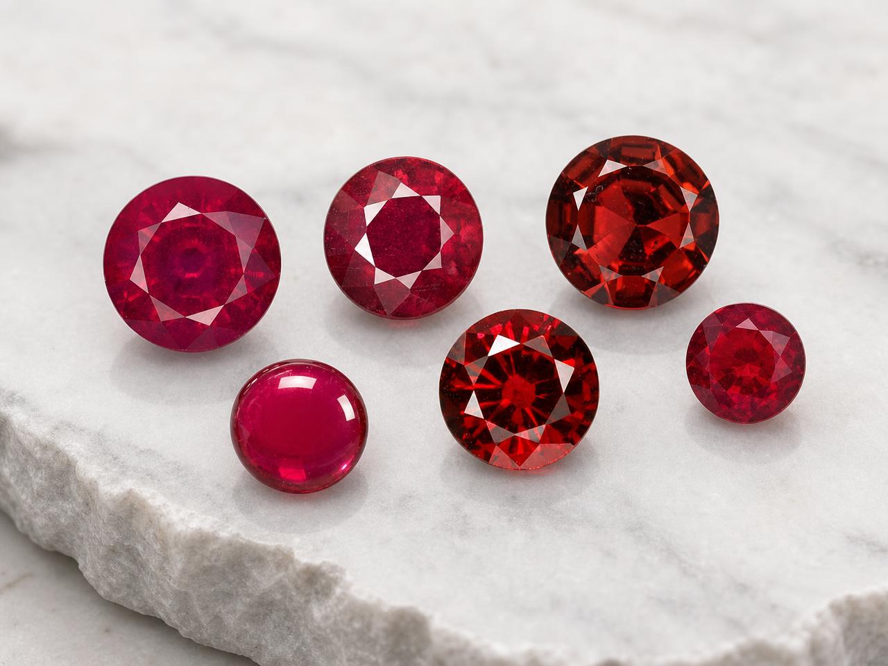 Loose round red gemstones in assorted red tones
