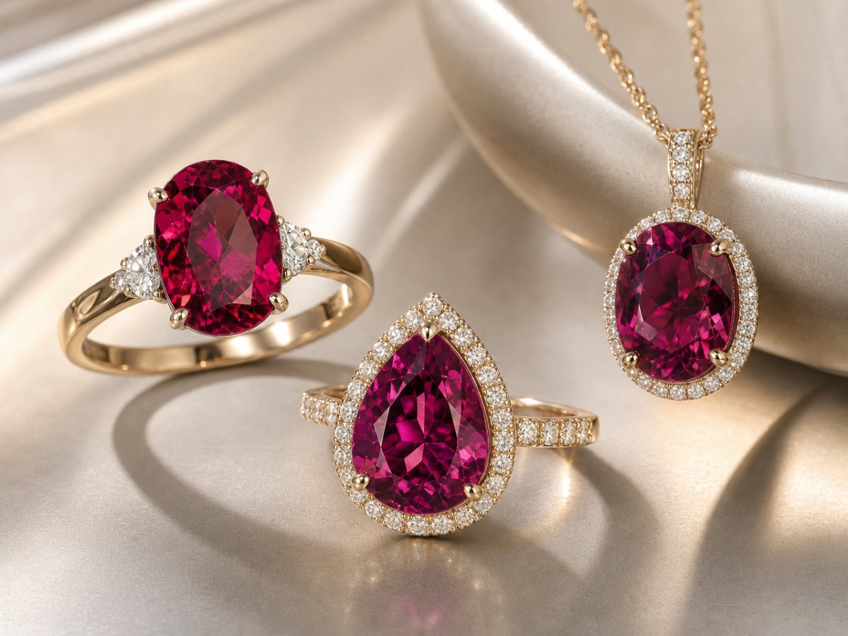 Rubellite Tourmaline gemstones shown in jewelry