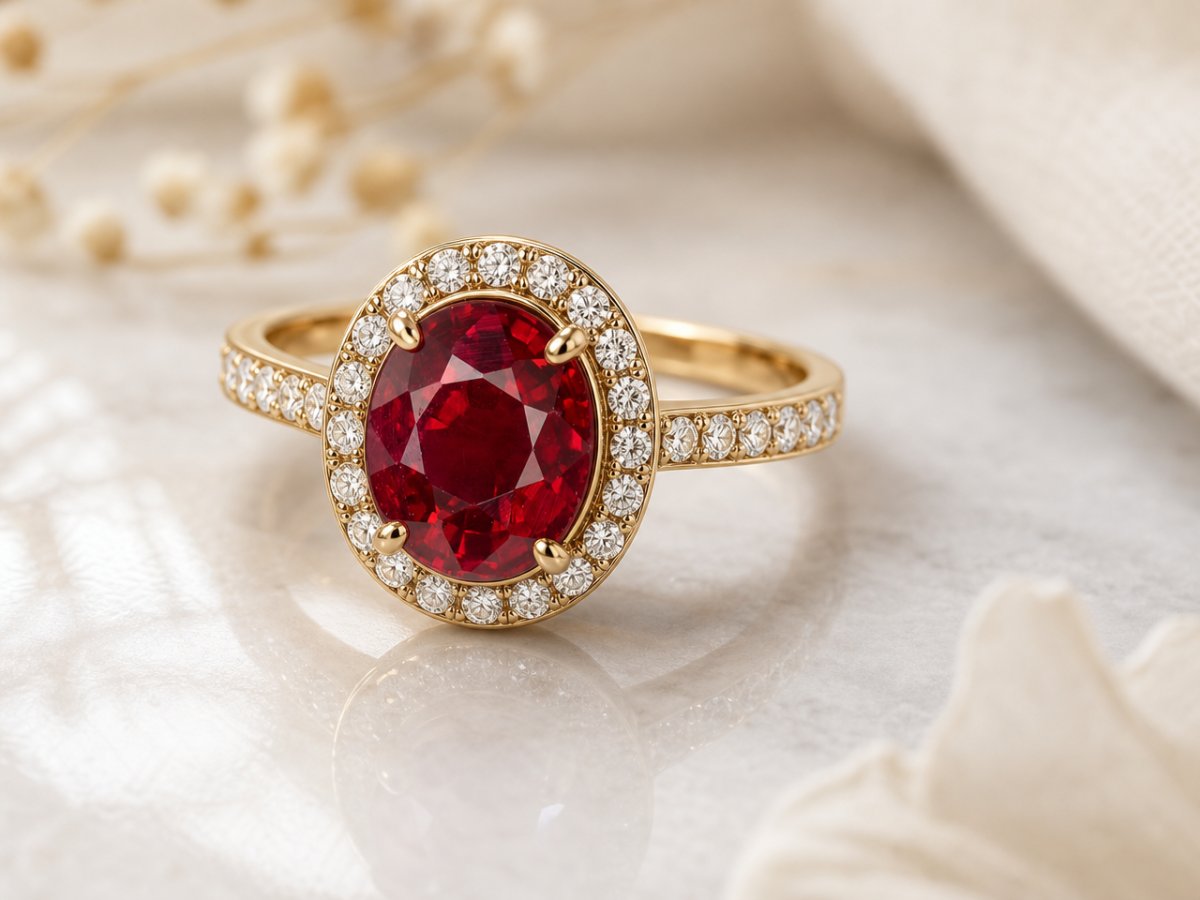 Ruby gemstones shown in jewelry