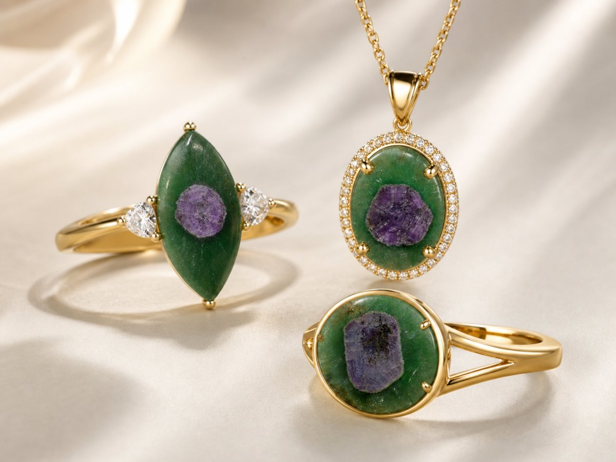 Ruby in Fuchsite gemstones shown in jewelry