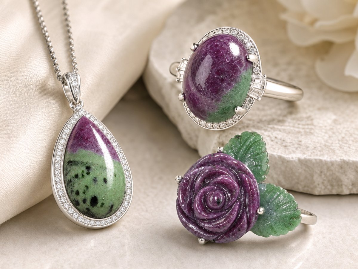 Ruby-Zoisite gemstones shown in jewelry