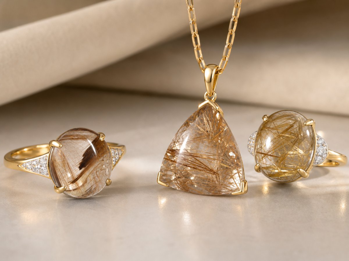 Rutile Quartz gemstones shown in jewelry