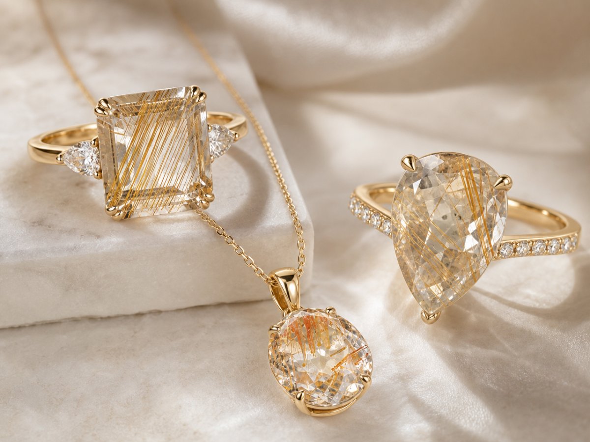 Rutile Topaz gemstones shown in jewelry