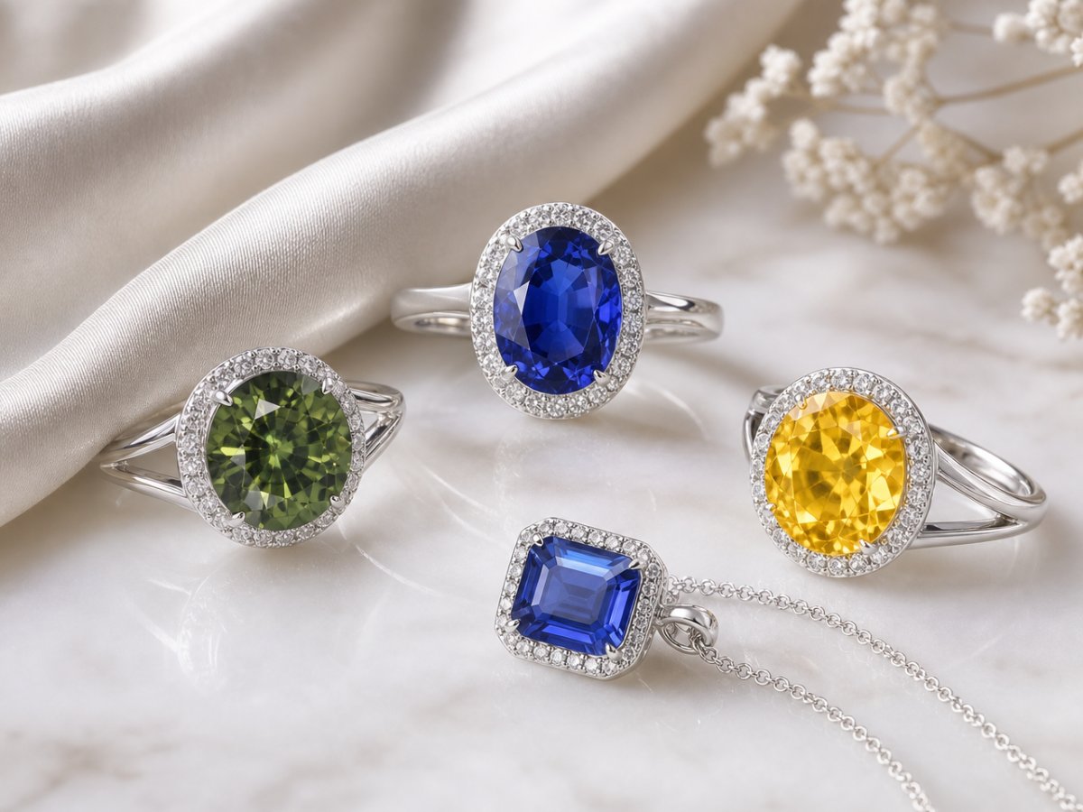 Sapphire gemstones shown in jewelry