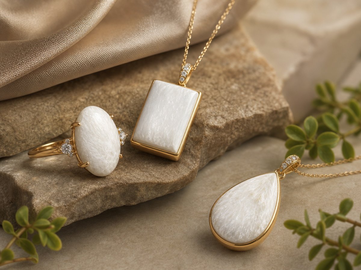 Scolecite gemstones shown in jewelry