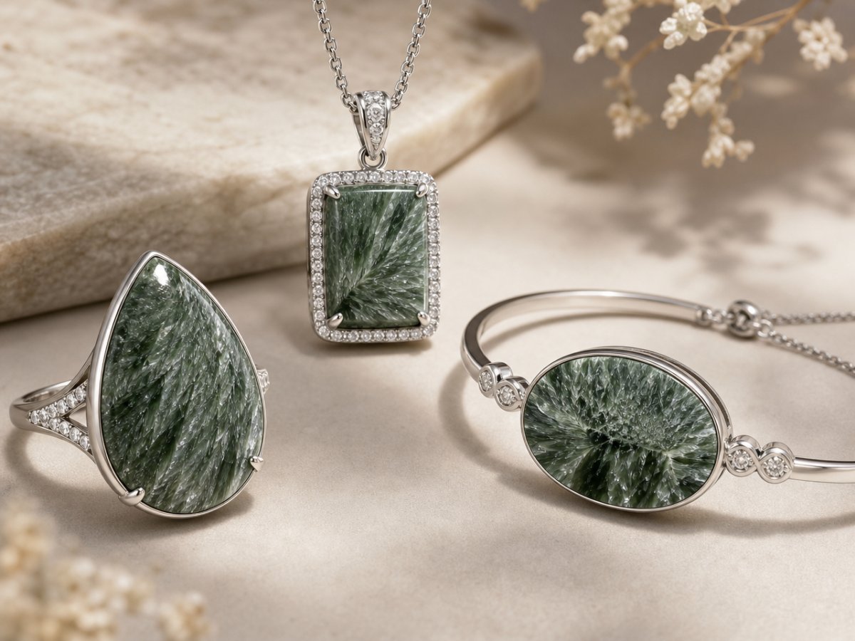 Seraphinite gemstones shown in jewelry