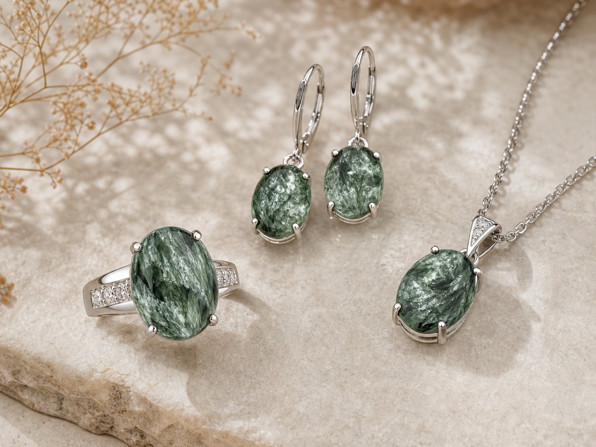 Seraphinite gemstones shown in jewelry