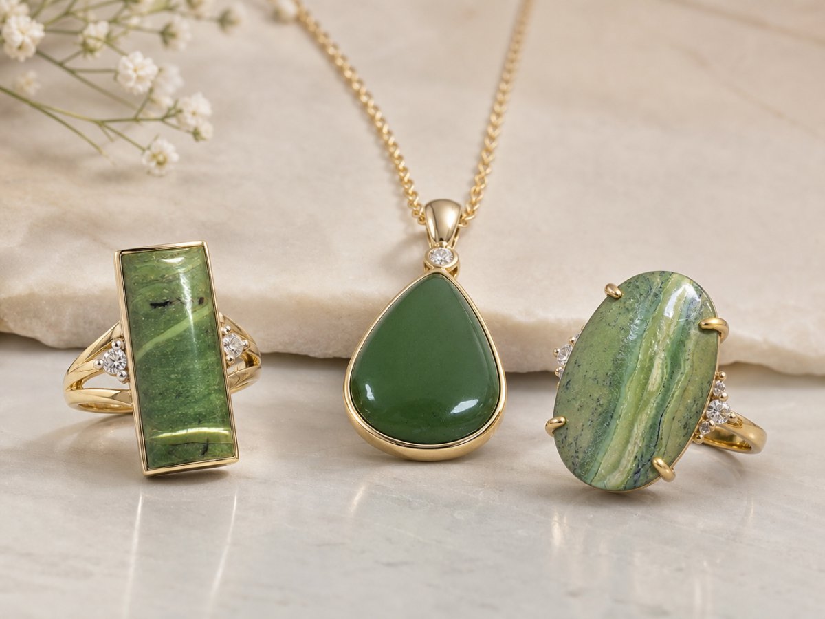 Serpentine gemstones shown in jewelry