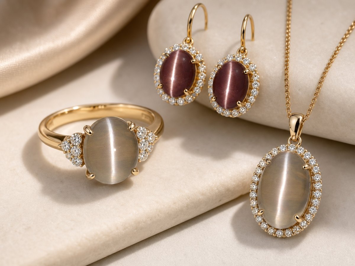 Sillimanite Cat's Eye gemstones shown in jewelry