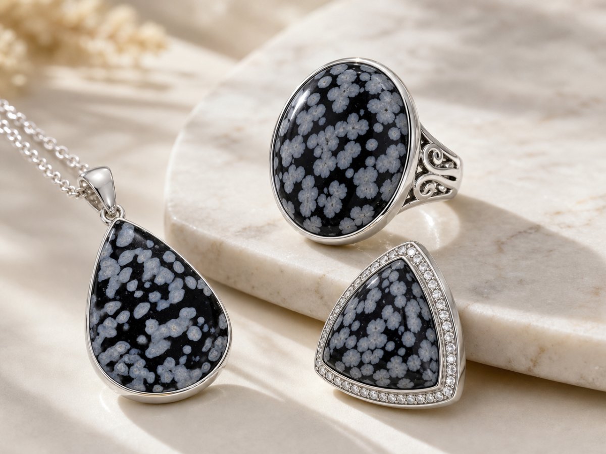 Snowflake Obsidian gemstones shown in jewelry