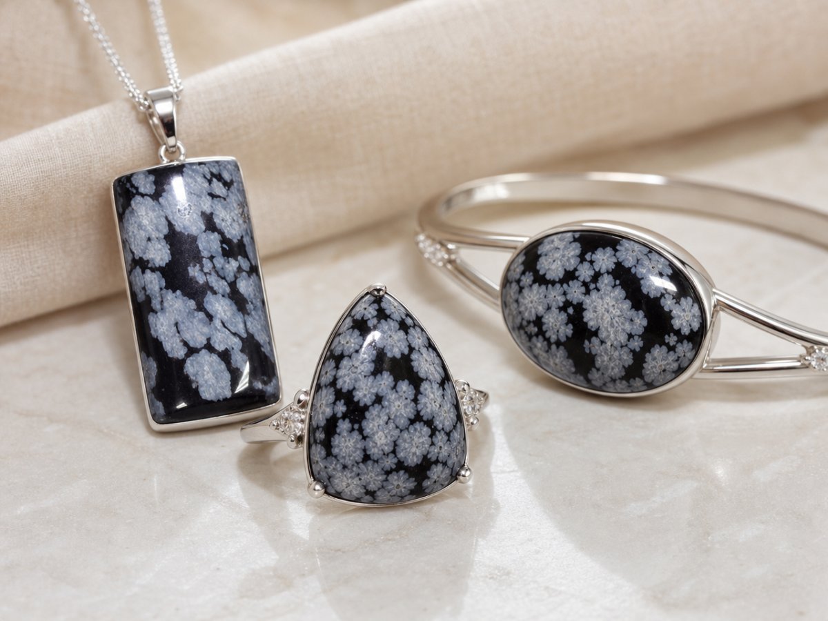 Snowflake Obsidian gemstones shown in jewelry