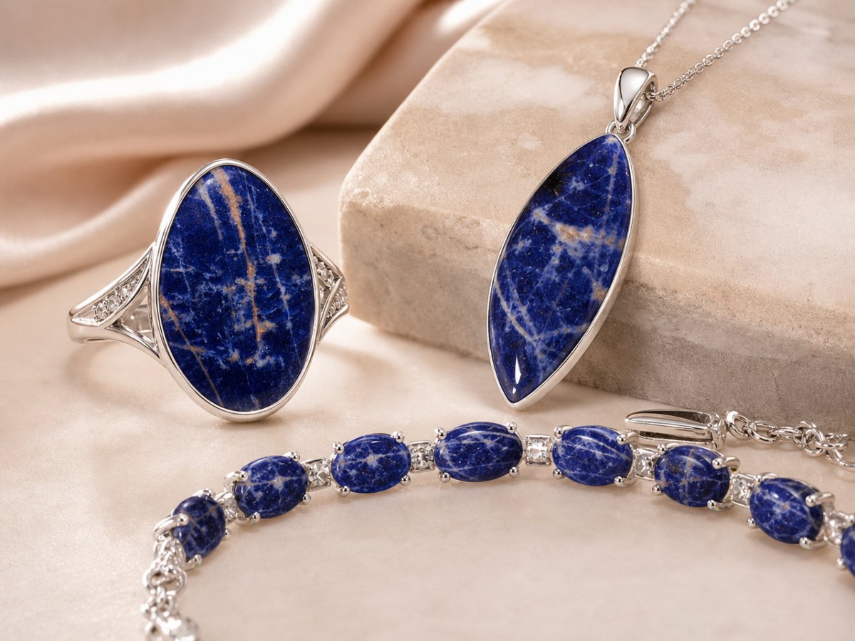Sodalite gemstones shown in jewelry