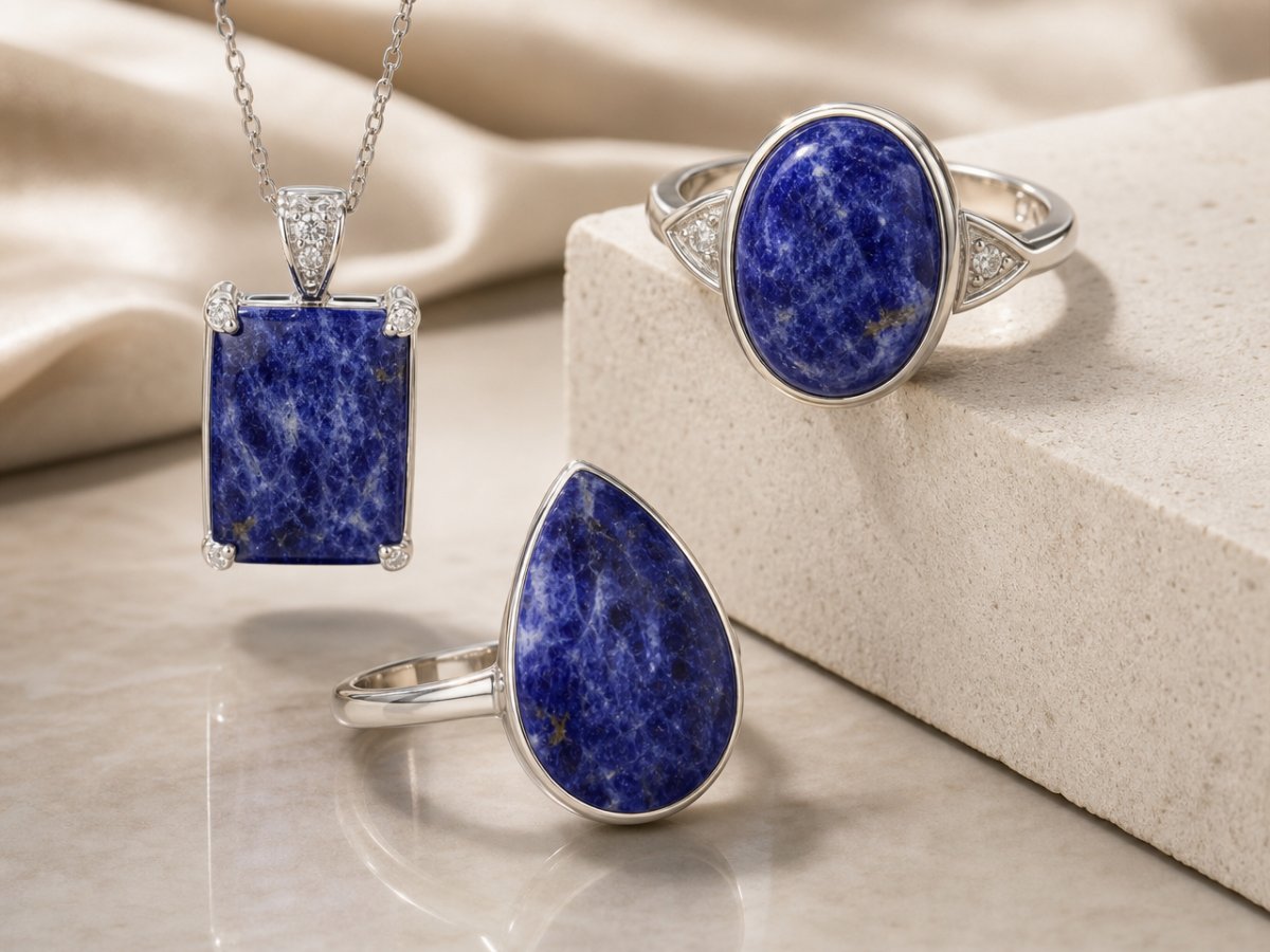 Sodalite gemstones shown in jewelry