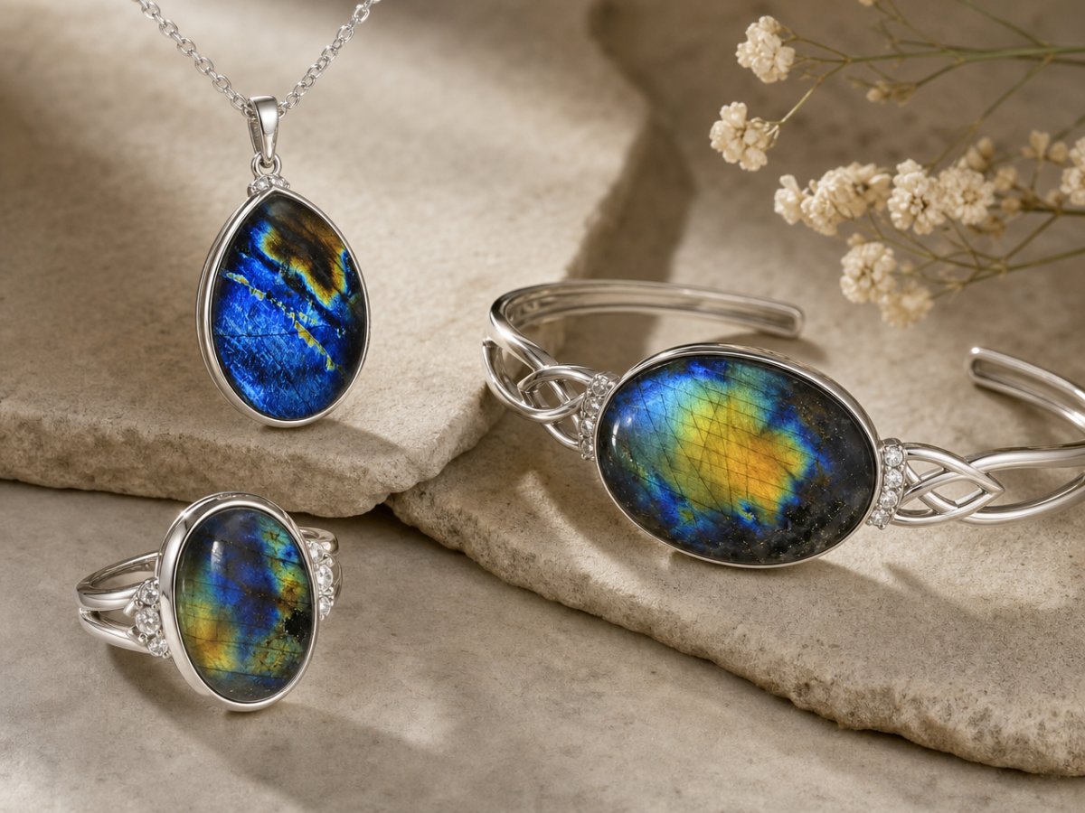 Spectrolite gemstones shown in jewelry